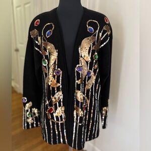 Outlander Vintage Embellished Black Sweater Cardigan with Multicolor Accents